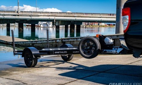 GFAB Alloy Single Black Jetski Trailer - side view with spare wheel GFAB Alloy Single Black Jetski Trailer - side view with spare wheel