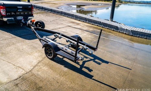 GFAB Alloy Single Black Jetski Trailer - top view with spare wheel GFAB Alloy Single Black Jetski Trailer - top view with spare wheel