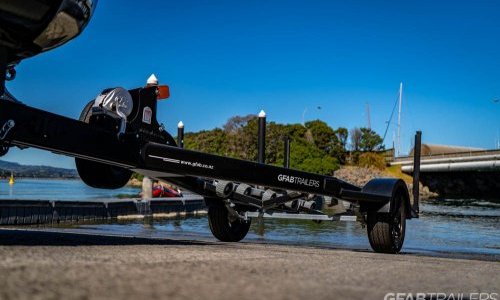 GFAB Alloy Single Black Jetski Trailer - front view with spare wheel GFAB Alloy Single Black Jetski Trailer - front view with spare wheel