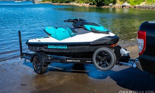 GFAB Alloy Single Black Jetski Trailer - side view with Sea Doo GTI GFAB Alloy Single Black Jetski Trailer - side view with Sea Doo GTI